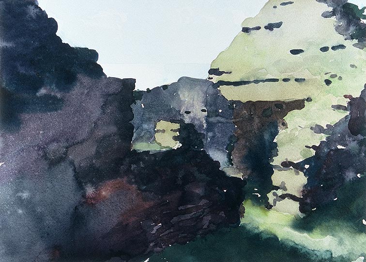 Robert Spellman watercolor of rain over the water from Cill Rialaig, County Kerry, Ireland